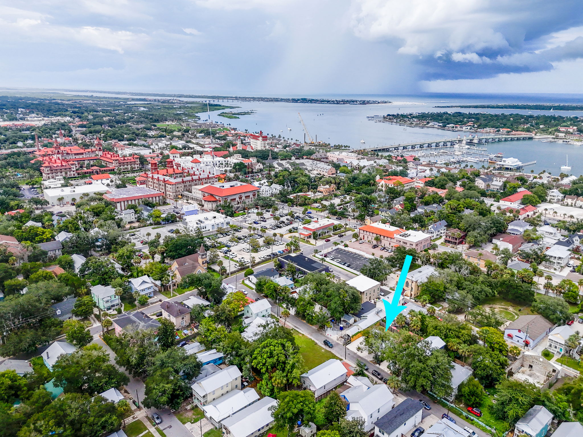 Aerial: steps to Lightner Museum, Flagler College, and the bayfront